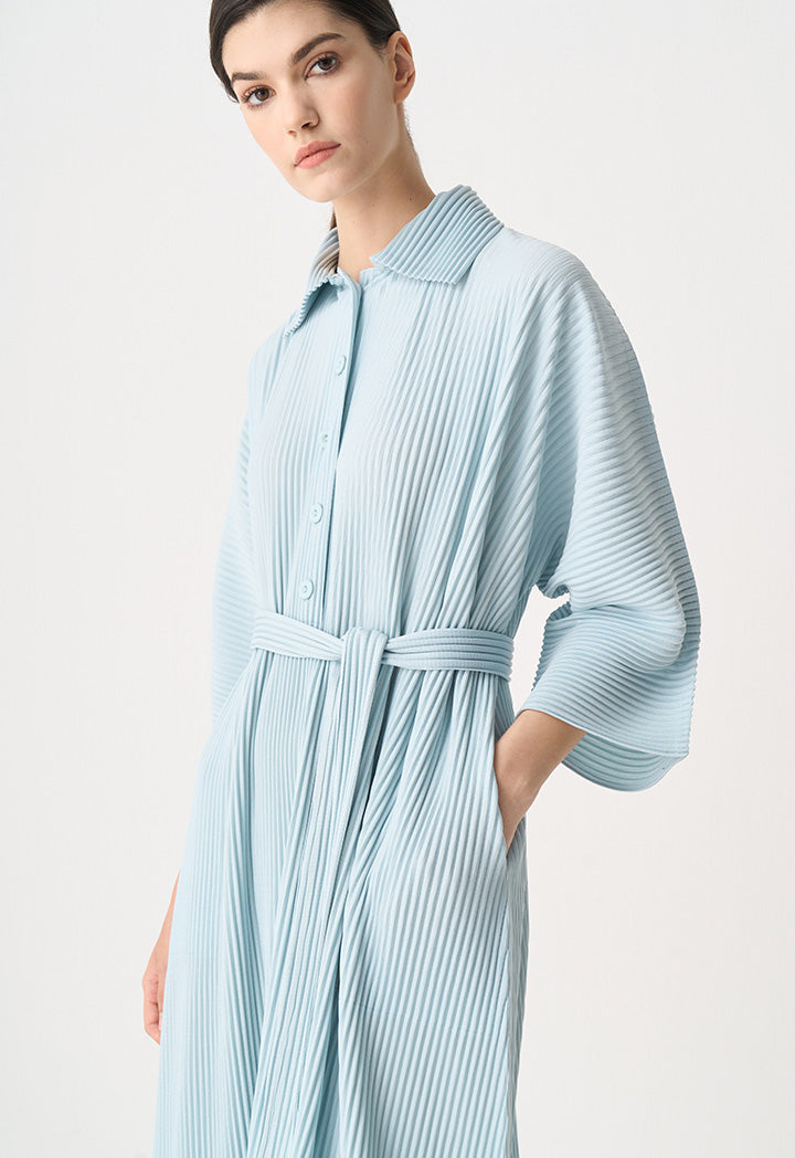 Choice Pleated Belted Oversize Maxi Dress Blue