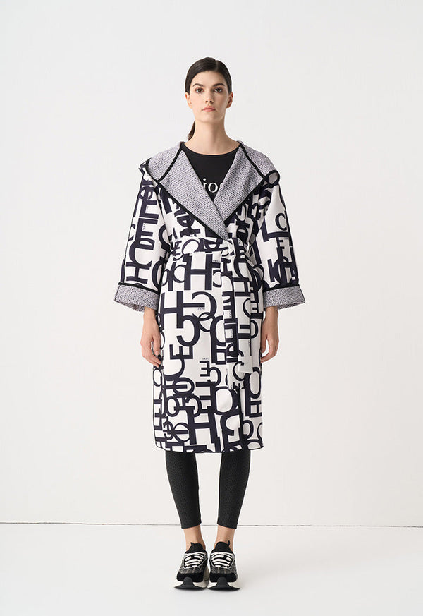 Choice Printed Monogram Belted Midi Coat Black-White