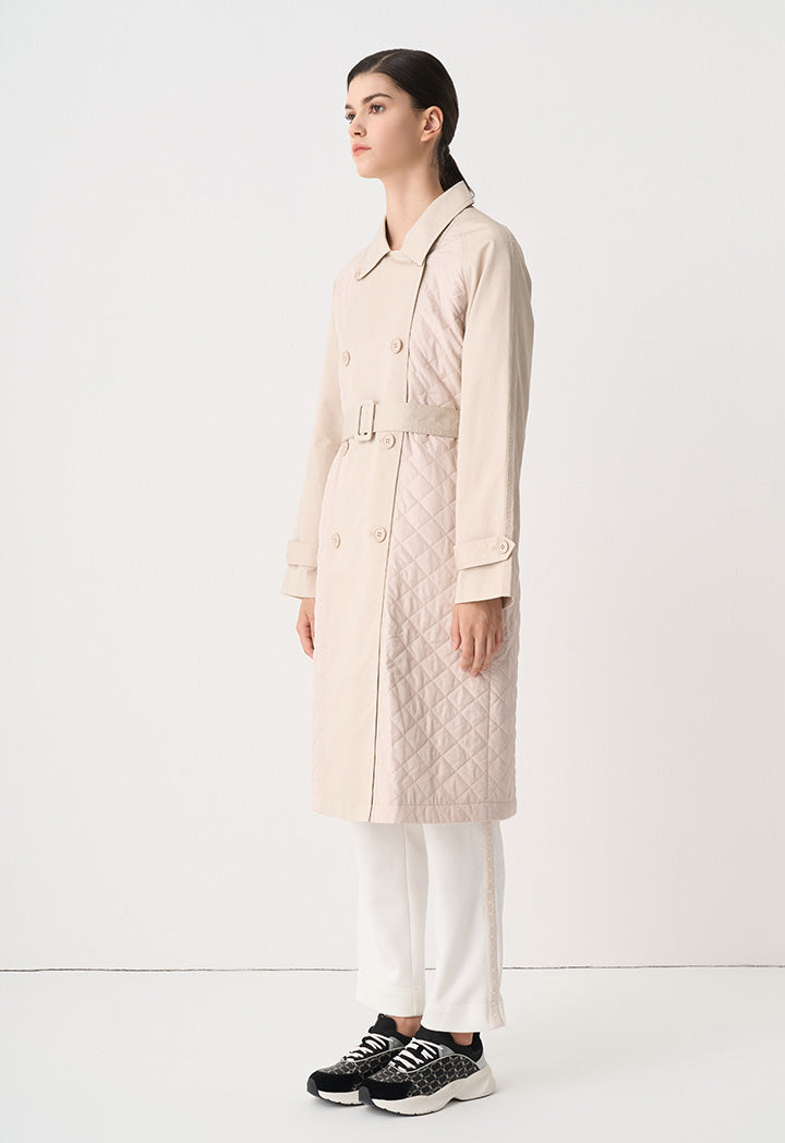 Choice Quilted Double Breasted Midi Coat Beige