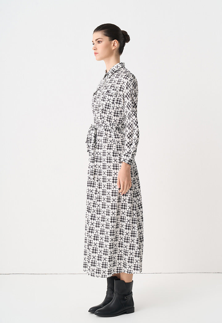 Choice Printed Monogram Belted Maxi Shirt Dress Black-White