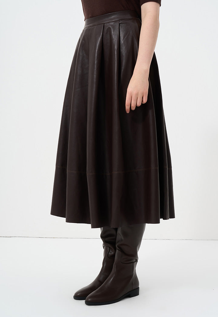 Choice Solid Leather Pleated Skirt Brown