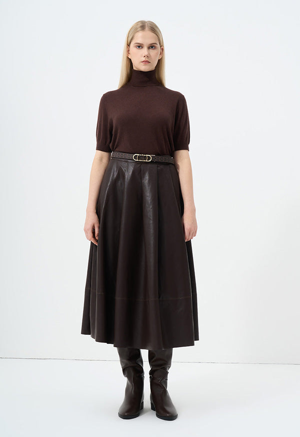 Choice Solid Leather Pleated Skirt Brown