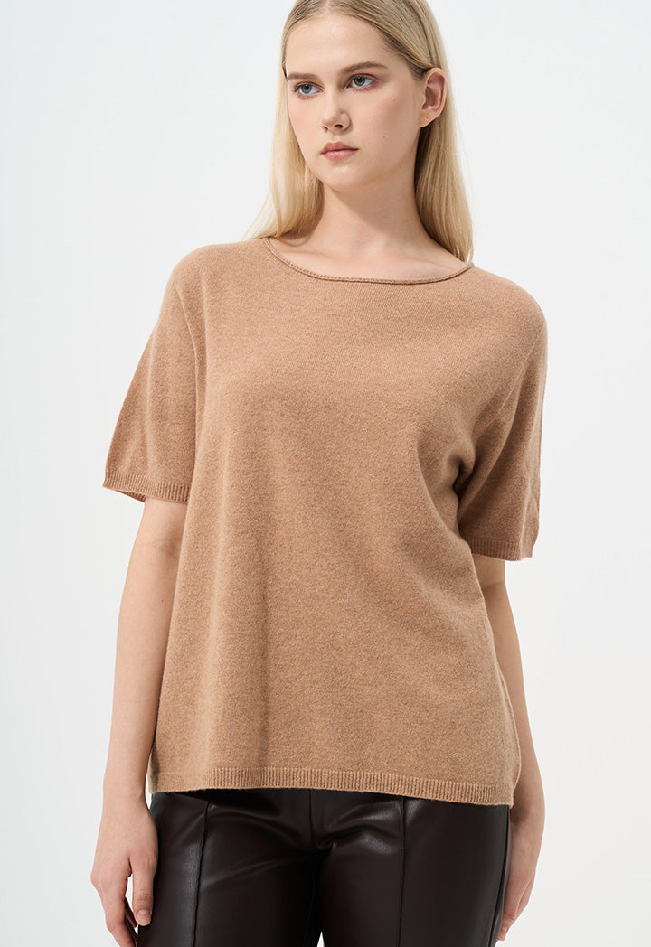 Choice Solid Short Sleeves Knitted Top Camel