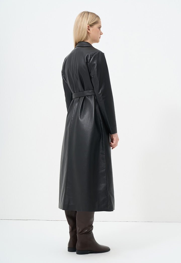 Choice Contrast Leather Double Breasted Belted Coat Black