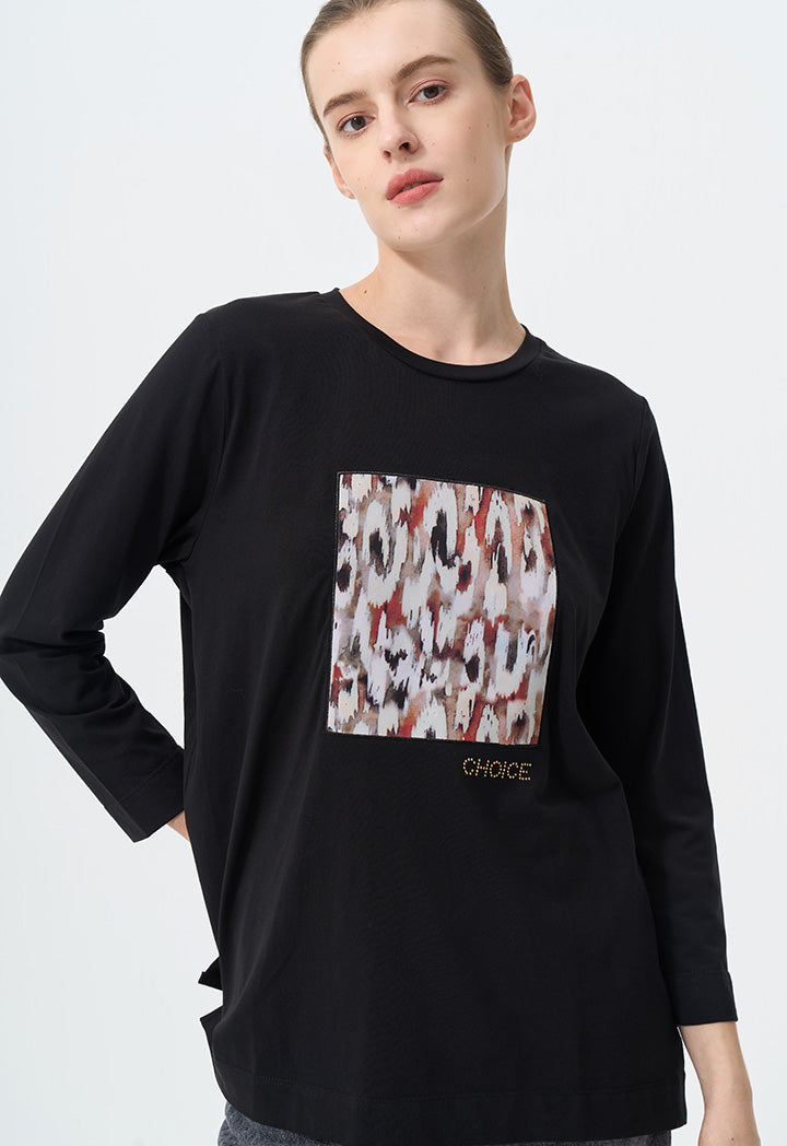 Choice Printed Motif At Front Long Sleeves T-Shirt Black