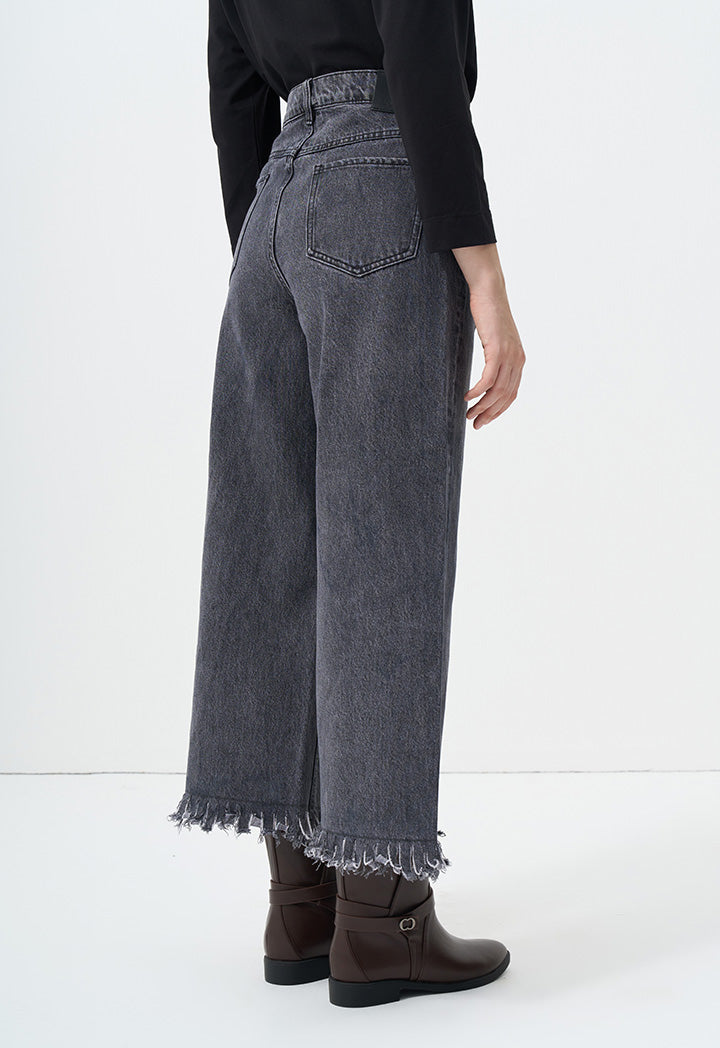 Choice Wide Legs Fringe Denim Trousers Black