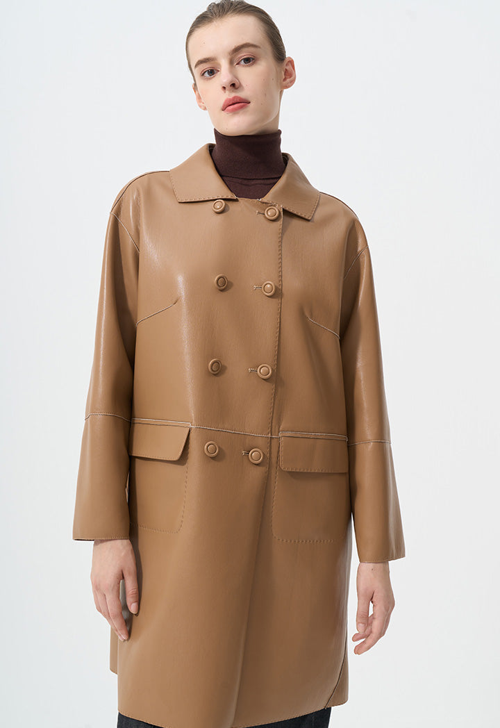 Choice Solid Synthetic Leather Midi Trench Coat  Camel