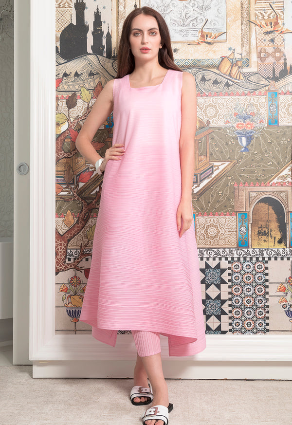 Choice Horizontal Pleated Pattern Dress Pink