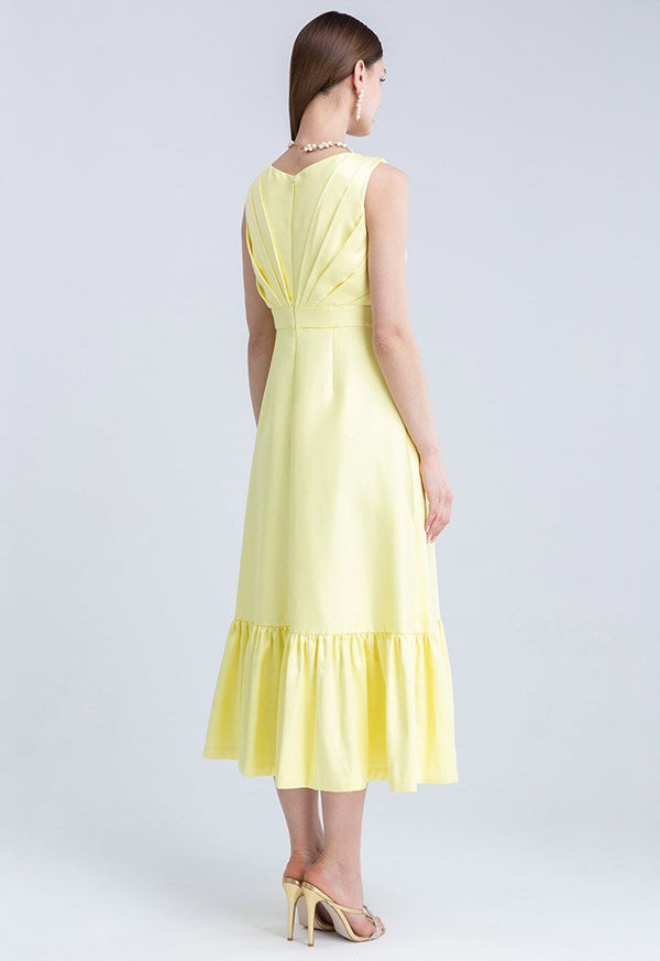 Choice Slanted Pleats Frill Hem Sleeveless Dress Yellow