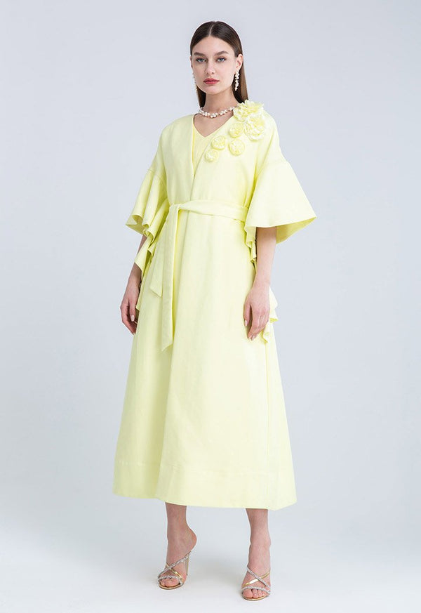 Choice Side Ruffle Butterfly Open Front Outerwear Yellow