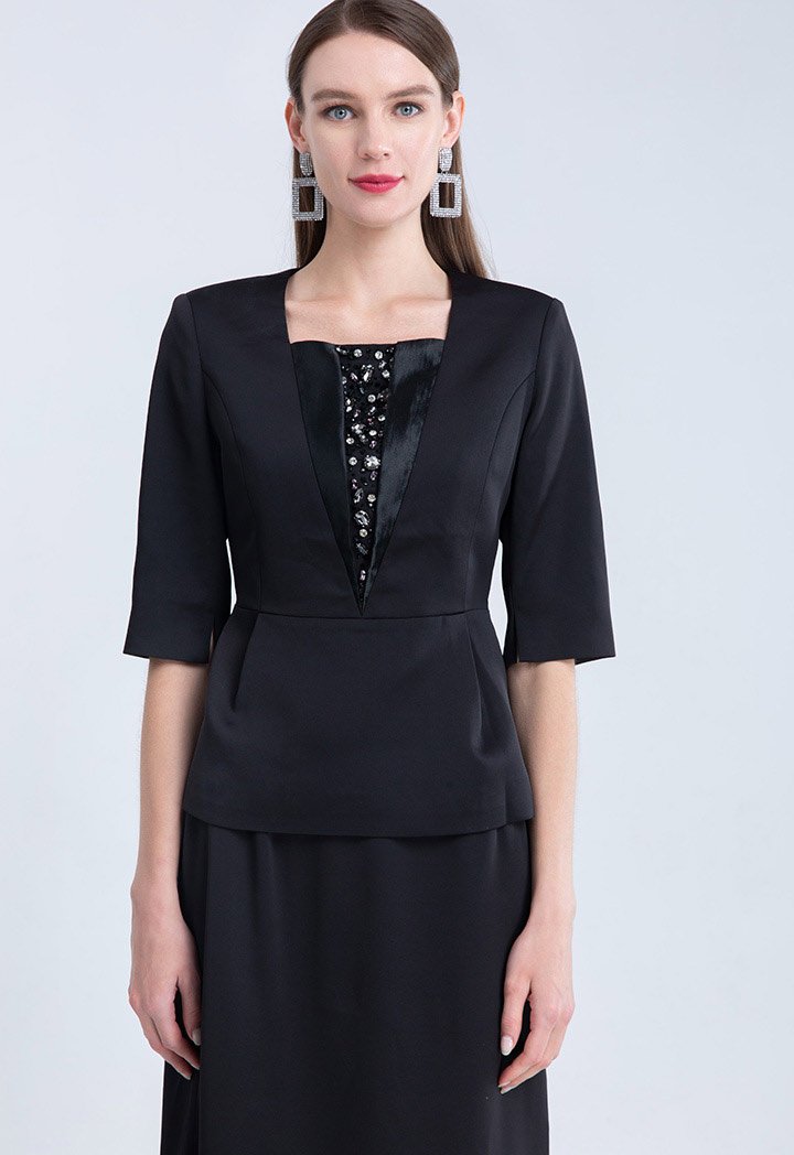 Choice Crystal Embellished Pleats Trim Hem Blouse Black