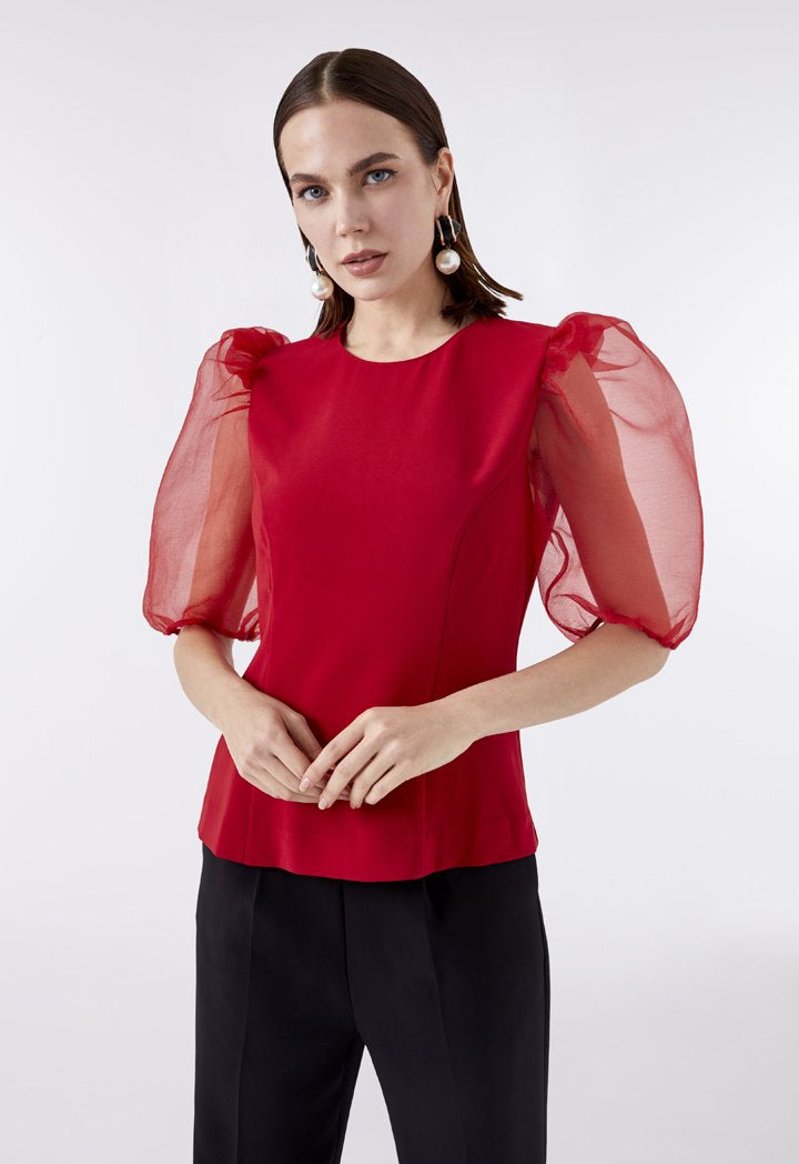 Choice Organza Puff Sleeves Blouse  Red - Wardrobe Fashion