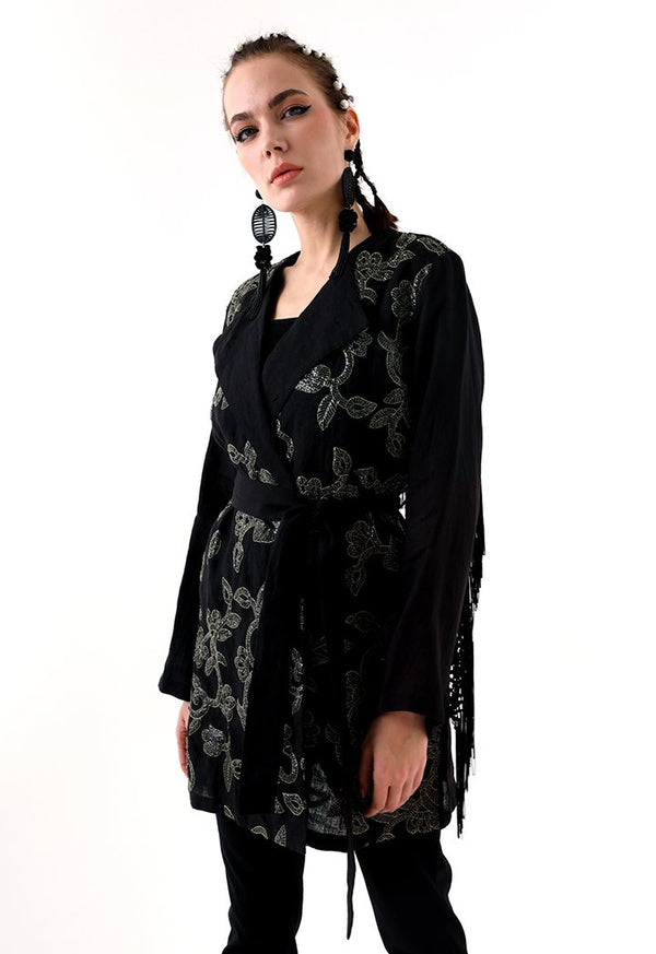 Choice Sequins Embroidery Kimono Jacket Black - Wardrobe Fashion