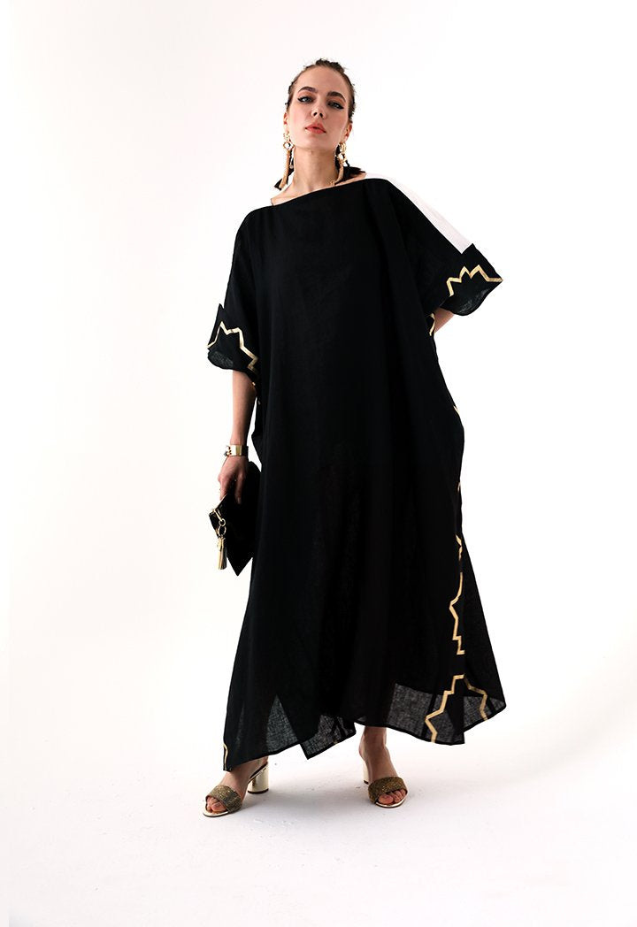 Choice Printed Side Detail Abaya Dress Black - Wardrobe Fashion