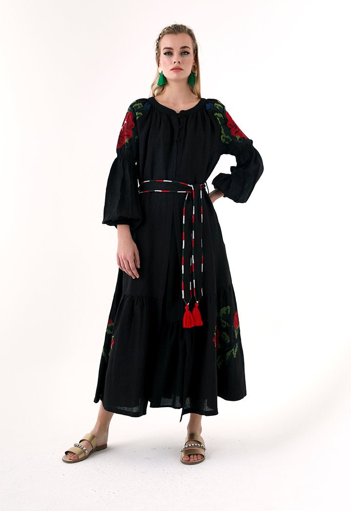 Choice Embroidered Linen Maxi Dress Black