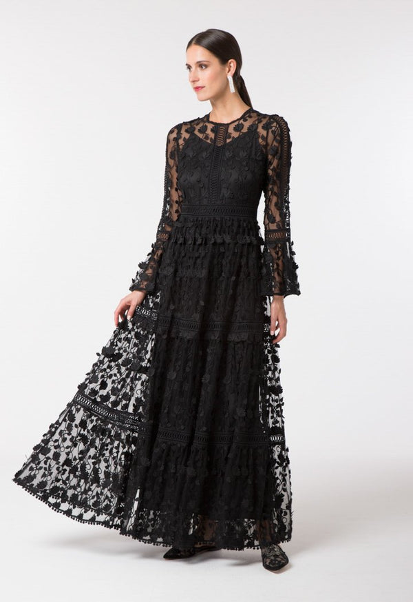 Choice Patterned Lace Trim Dress Black