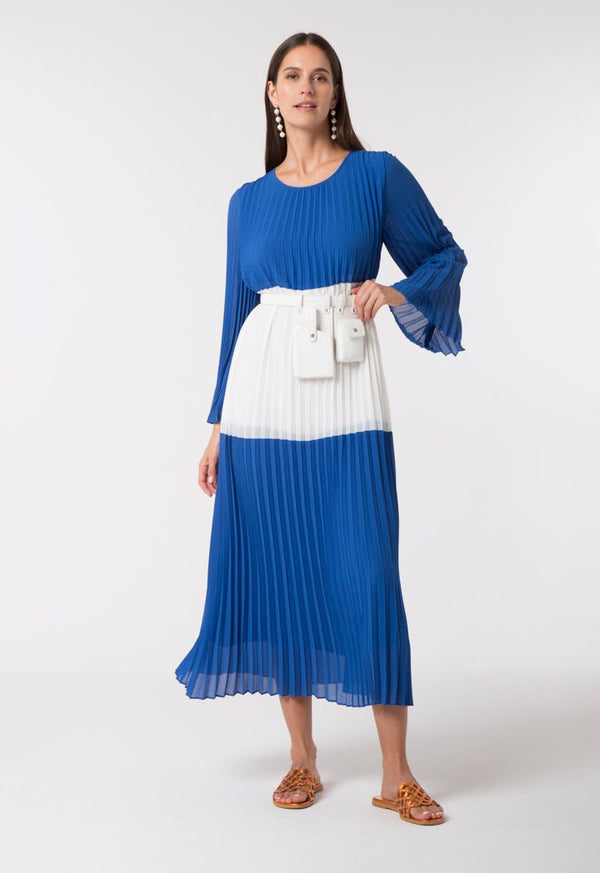 Choice Pleated Color Block Dress White Sapphire