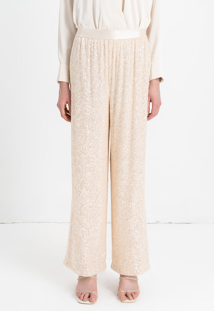 Choice Elastic Waistband Sequins Trousers Sand Beige