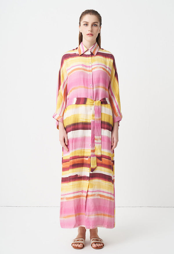 Choice Printed Belted Maxi Shirt Dress  Pink Print