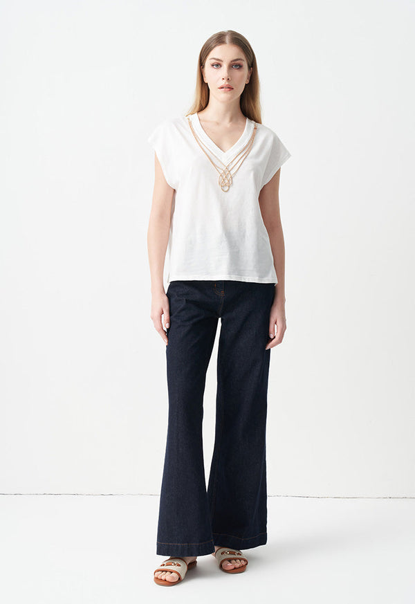 Choice V-Neck Top With Embellished Detail Off White