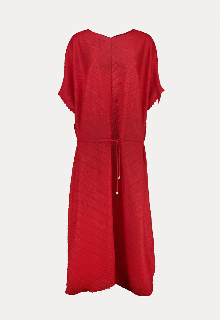 Choice Textured Pleated Wide Tie Belt Dress Red