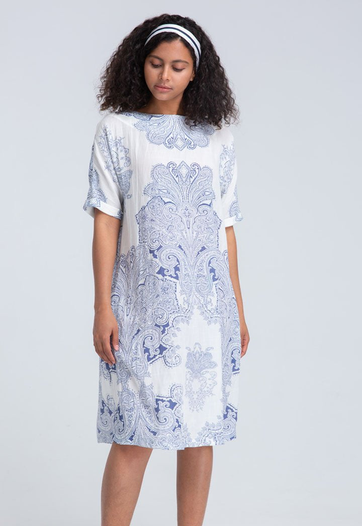 Choice Paisley Placement Print Casual Dress Off White