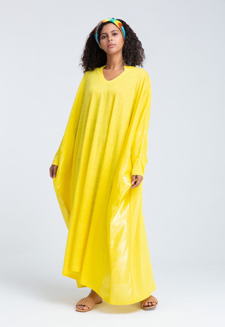 Choice Shiny Linen Slub Jersey Kaftan Dress (Free Size) Yellow