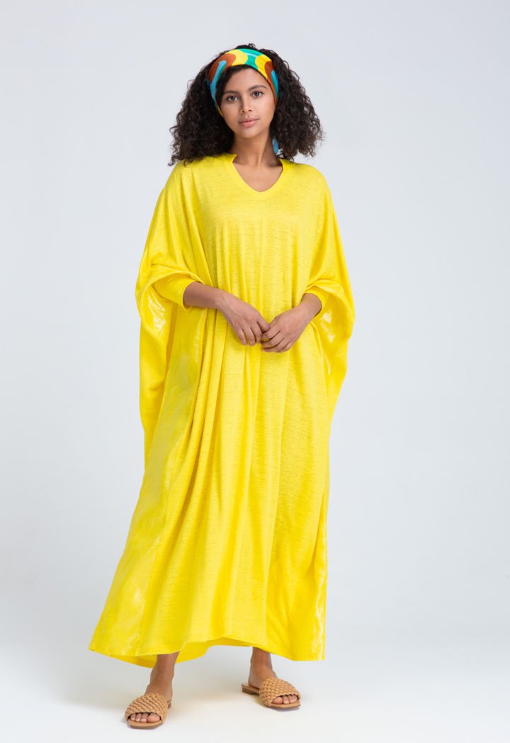 Choice Shiny Linen Slub Jersey Kaftan Dress (Free Size) Yellow