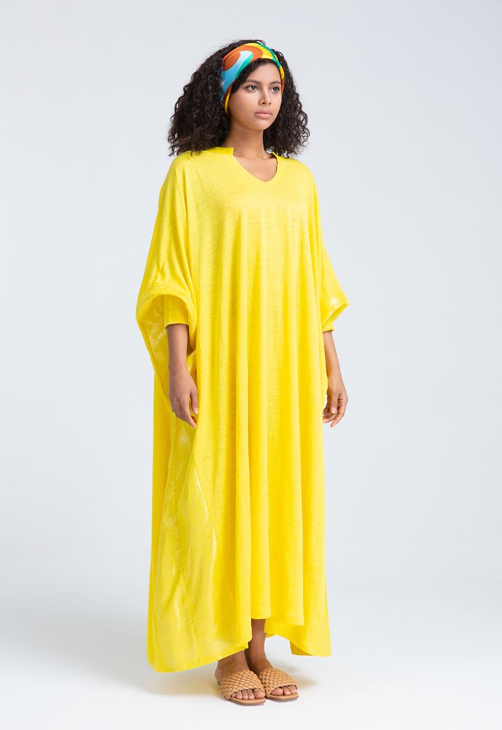 Choice Shiny Linen Slub Jersey Kaftan Dress (Free Size) Yellow