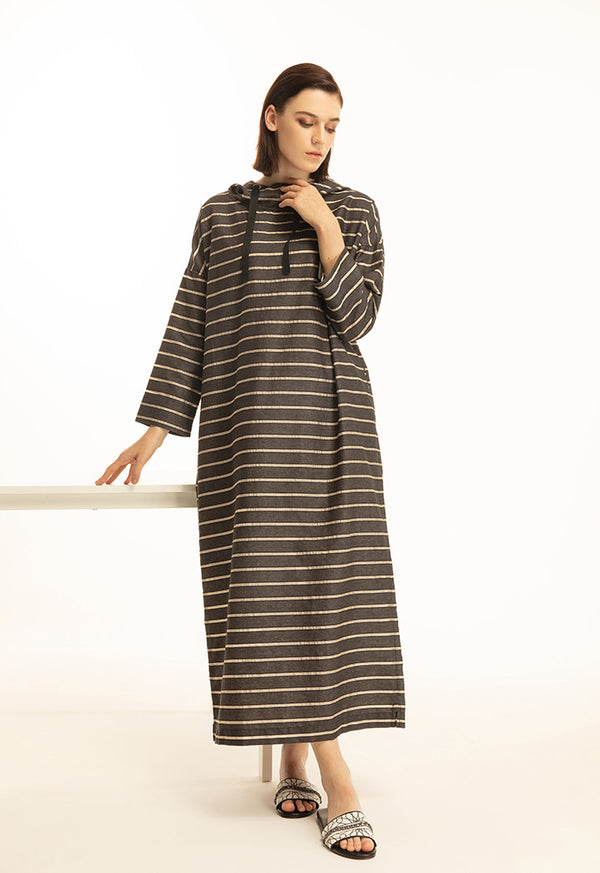 Choice Organza Insertion Hoodie Denim Maxi Dress Black Stripes