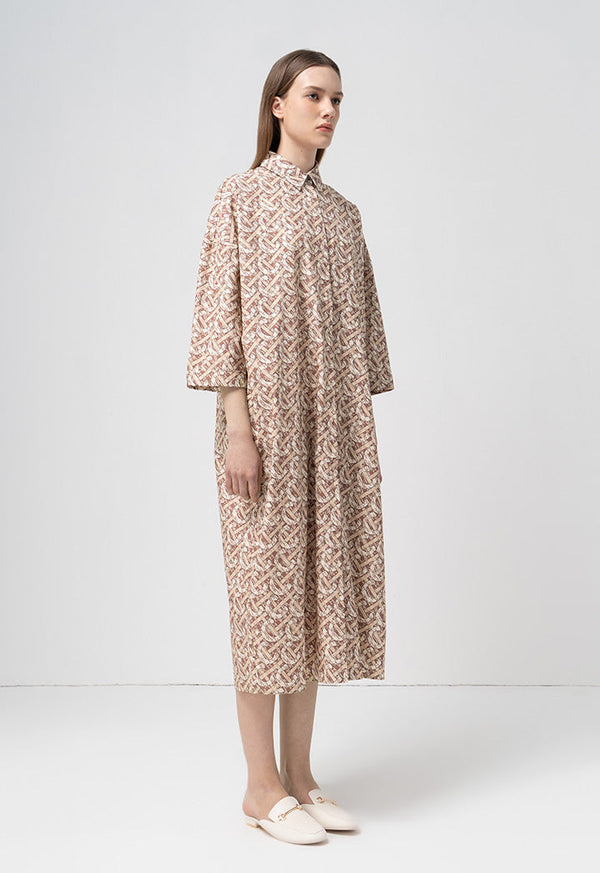 Choice Printed Monogram Long Sleeves Shirt Dress Brown