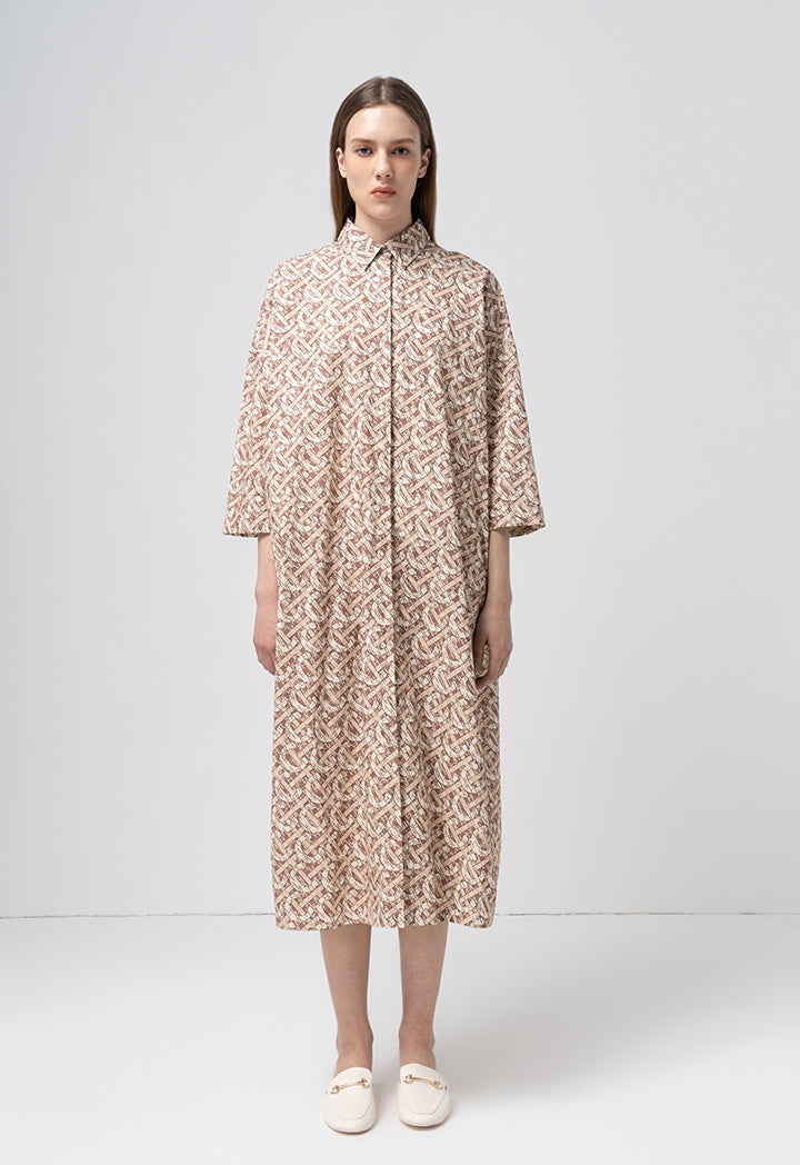 Choice Printed Monogram Long Sleeves Shirt Dress Brown