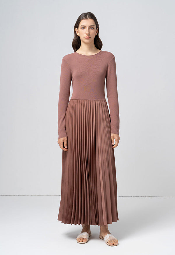 Choice Solid Pleated Maxi Dress Brown