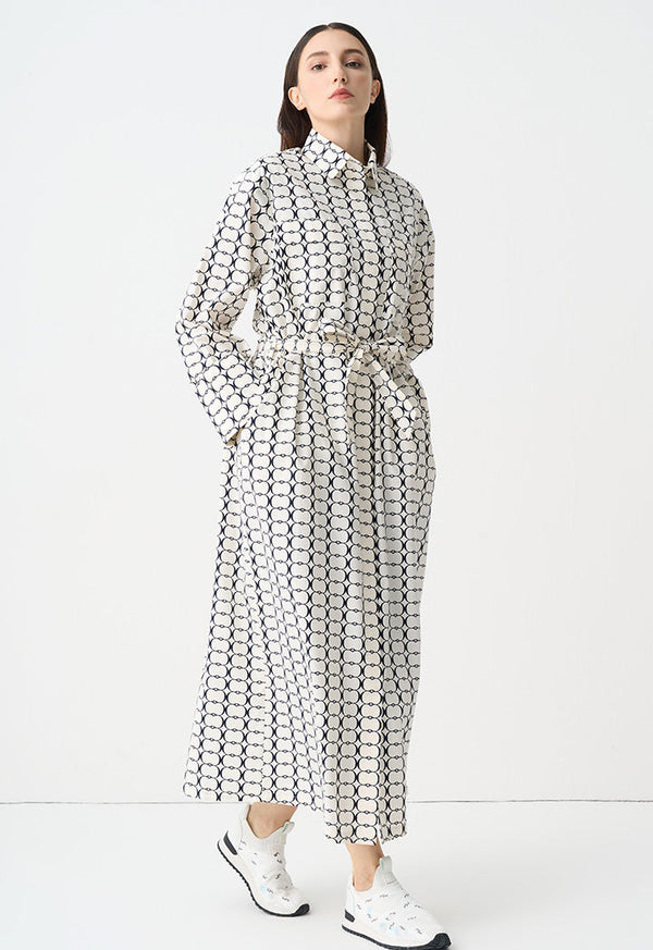 Choice Patterned Belted Shirt Dress Offwhite