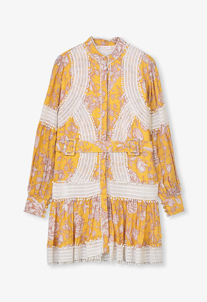 Choice Printed With Embroidered Detail Dress Yellow Print