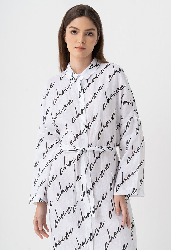 Choice Drop Shoulders Logo Printed Shirt Dress Off White