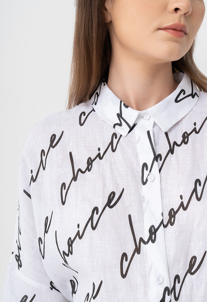 Choice Drop Shoulders Logo Printed Shirt Dress Off White