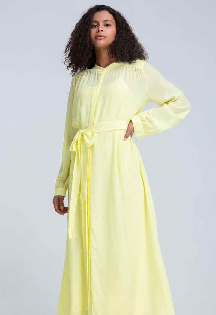 Choice Long Sleeve Belted Dress Yellow