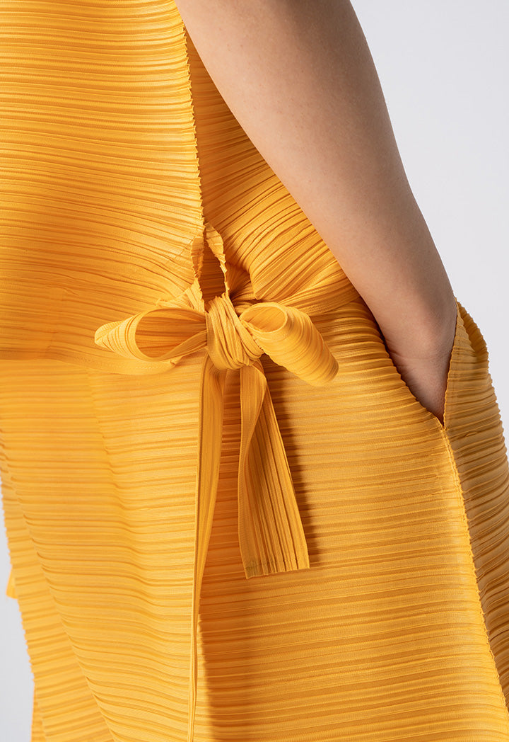 Choice Allover Pleated Top With Tie Detail Mustard