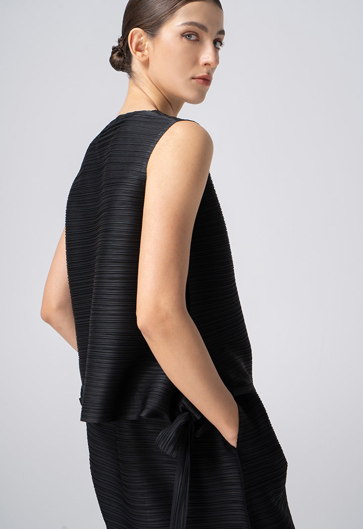 Choice Allover Pleated Top With Tie Detail Black