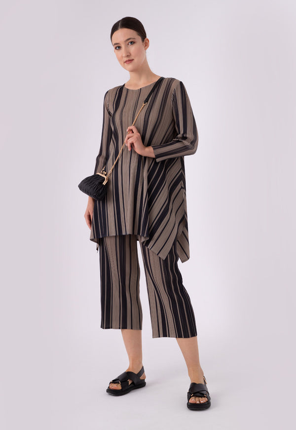 Choice Pleated Stripe Print Wide Leg Pants Beige