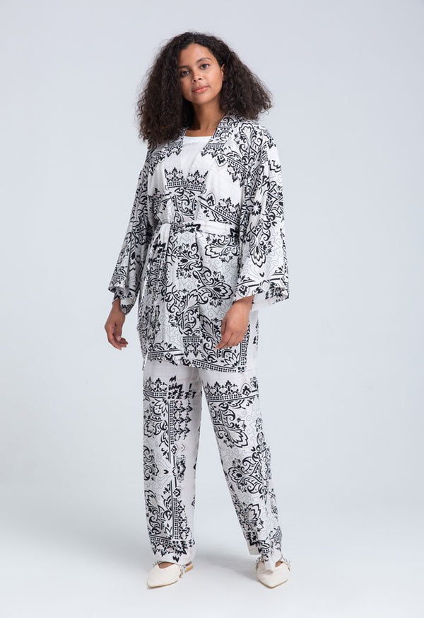 Choice Printed Non-Crushed Linen Palazzo Trouser Off White