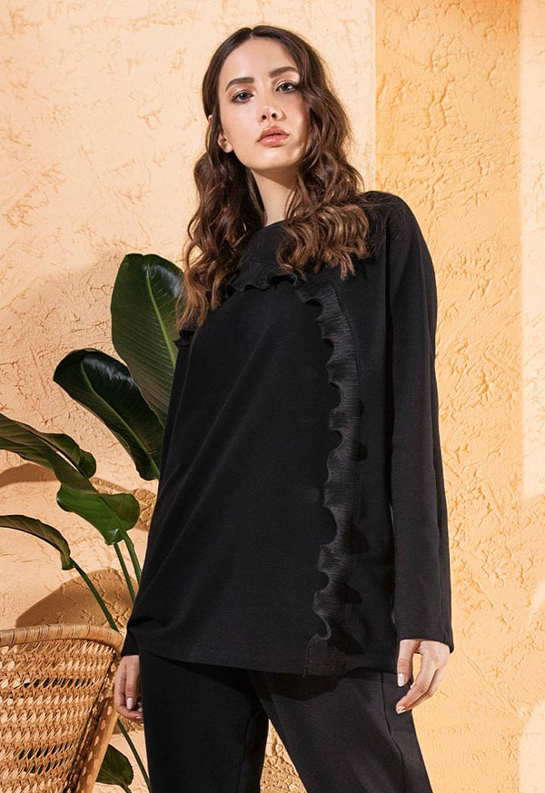 Choice Pleated Ruffle Trim Blouse Black - Wardrobe Fashion