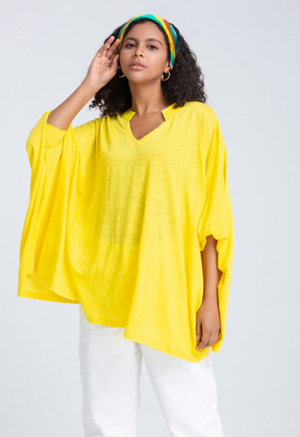 Choice Shiny Linen Slub Jersey Kaftan Blouse (Free Size) Yellow