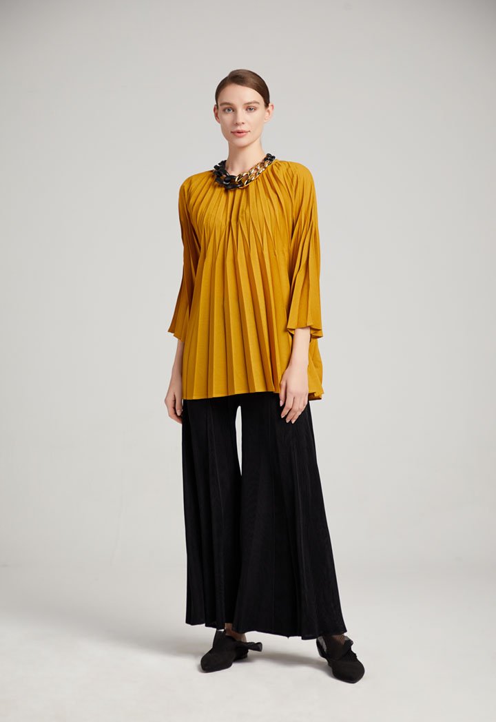 Choice Wide Sleeve Knife Pleats Blouse Gold Yellow