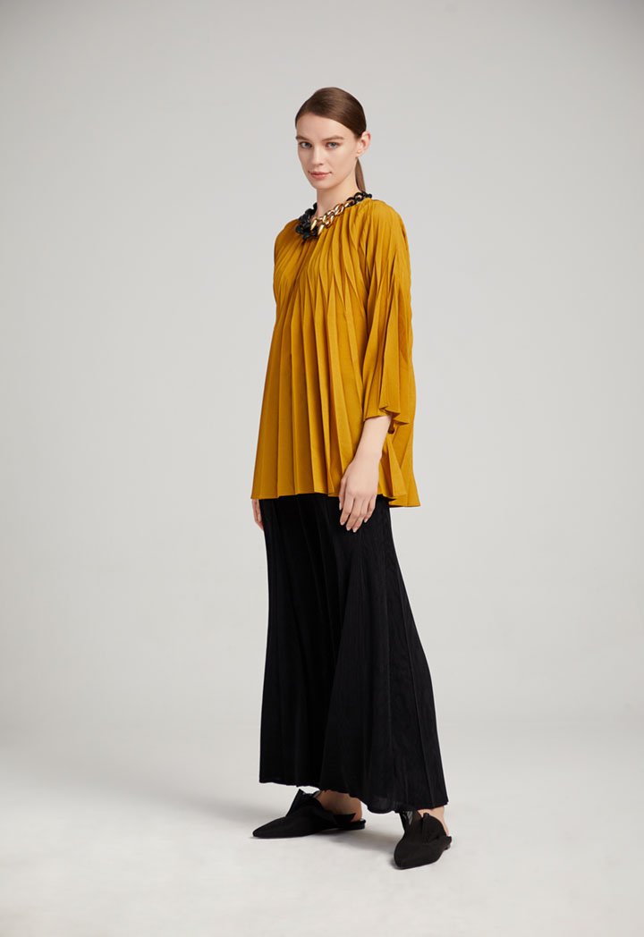 Choice Wide Sleeve Knife Pleats Blouse Gold Yellow