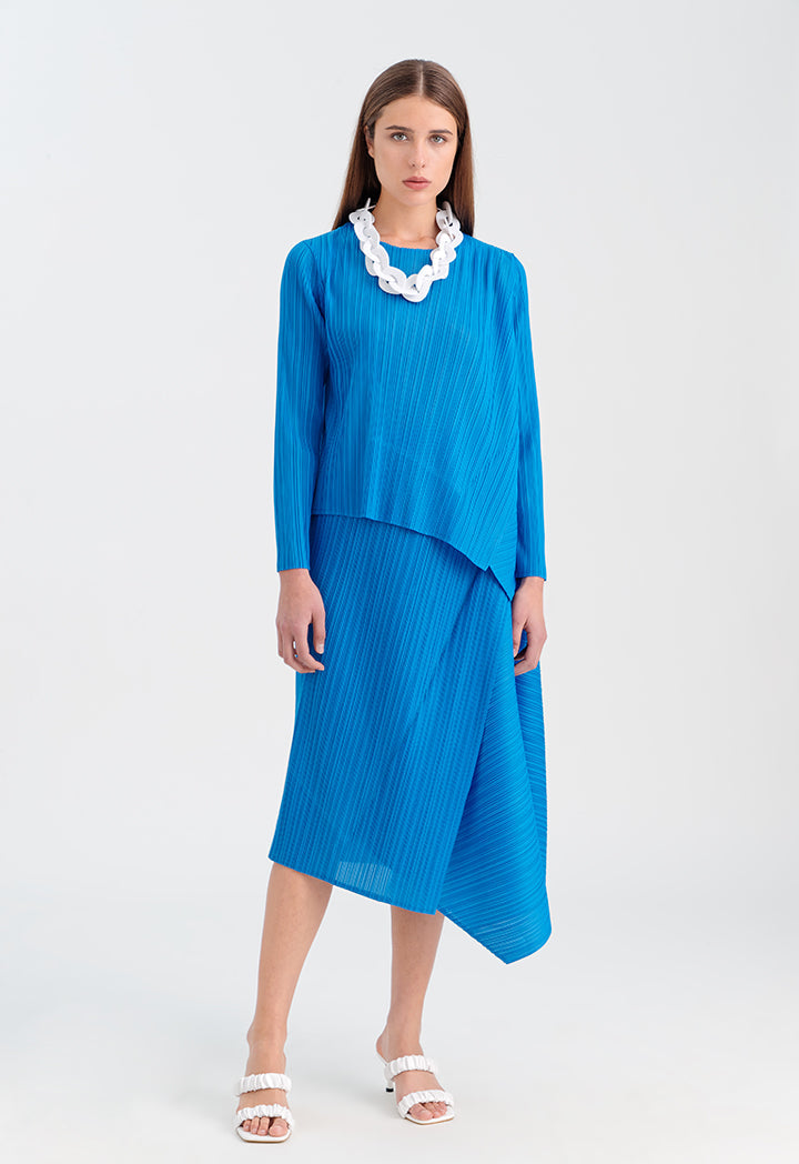 Choice Round Neck Electric Pleated Blouse Blue+Blue