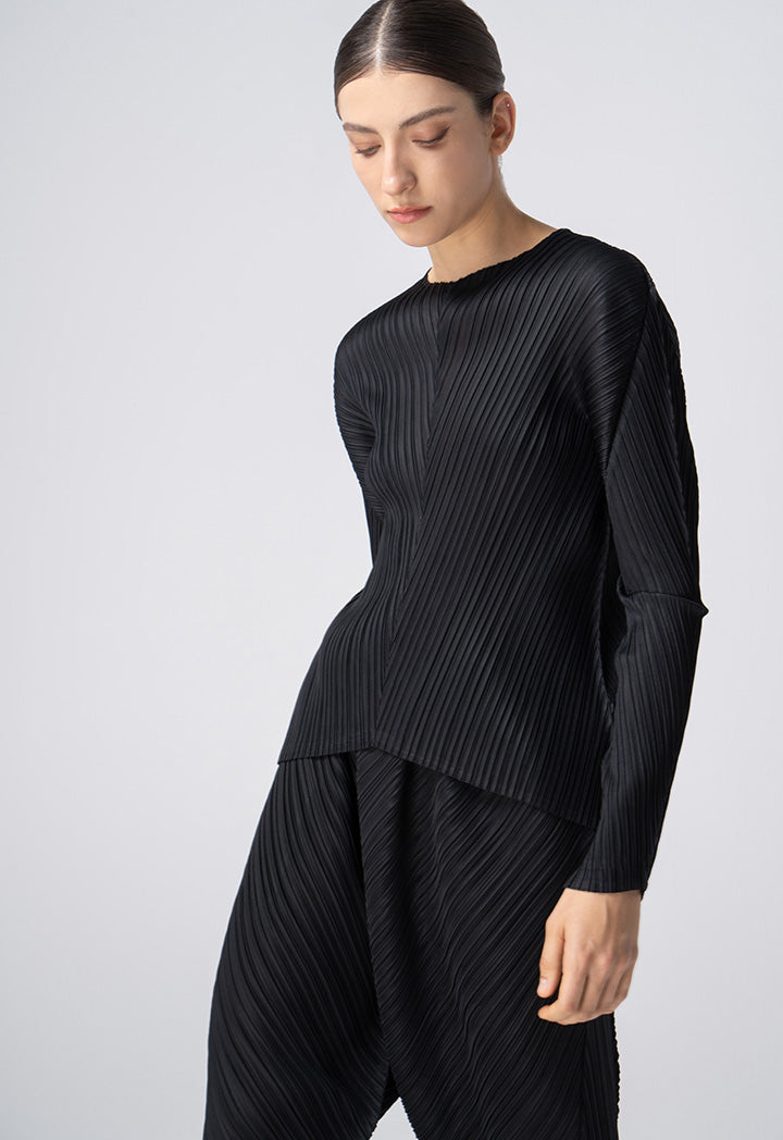 Choice Pleated Long Sleeves Solid Blouse Black