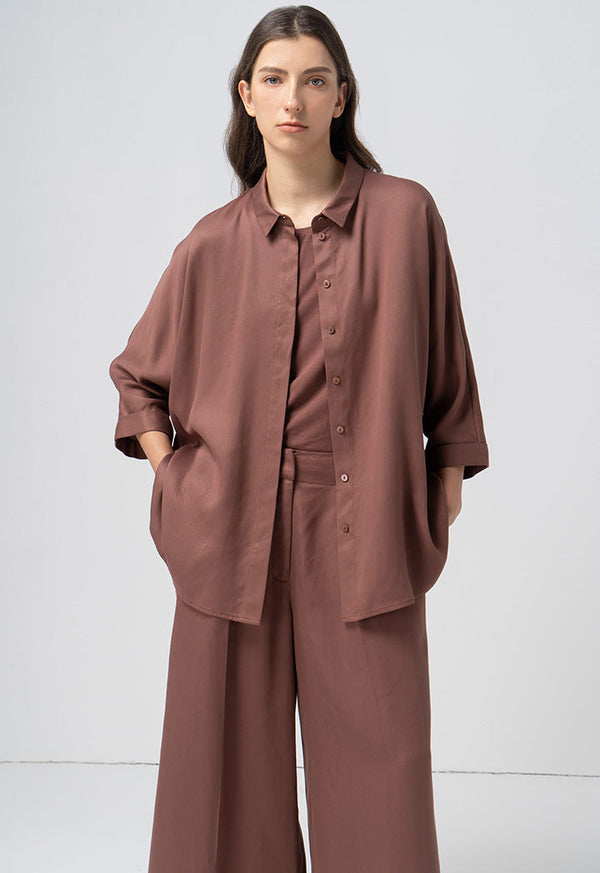 Choice Solid Kimono Sleeves Shirt Brown