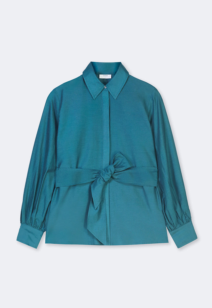 Choice Long Sleeve Basic Belted Shirt  Teal